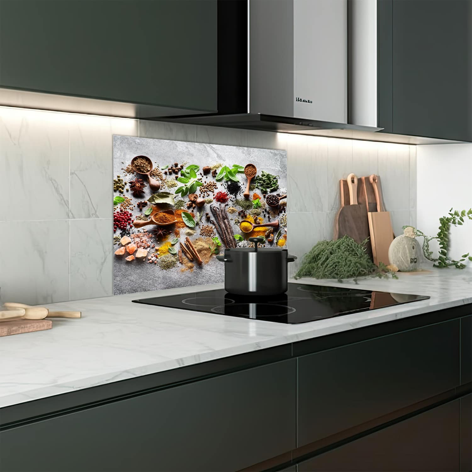 Eigen afmeting spatscherm-op-maat Keuken - Hittebestendig gehard glas - Kruiden & Specerijen op Beton