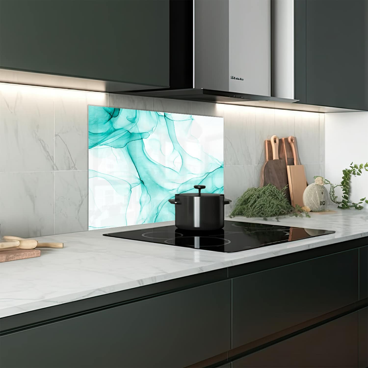 Eigen afmeting spatscherm-op-maat Keuken - Hittebestendig gehard glas - Aqua Marmer