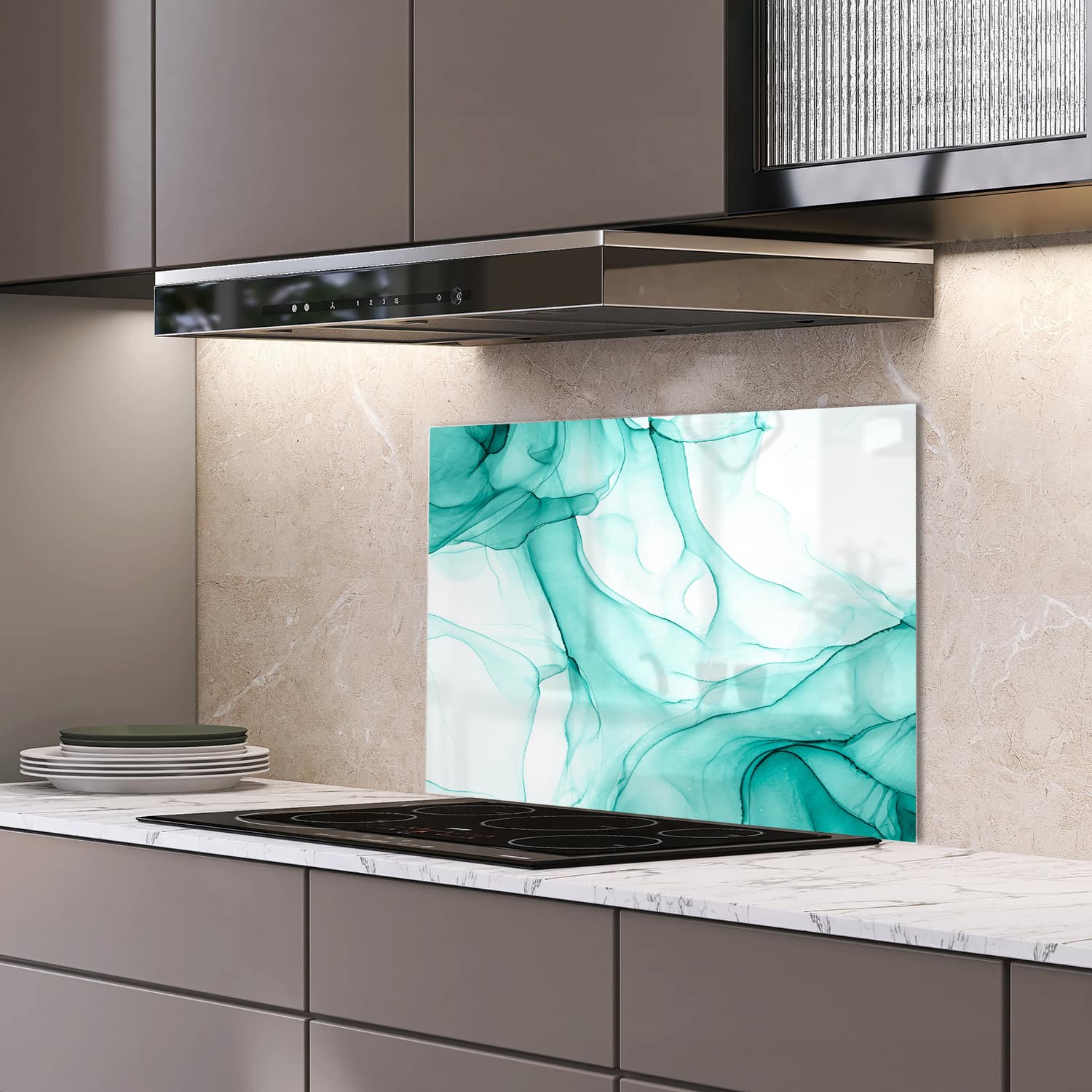 Eigen afmeting spatscherm-op-maat Keuken - Hittebestendig gehard glas - Aqua Marmer