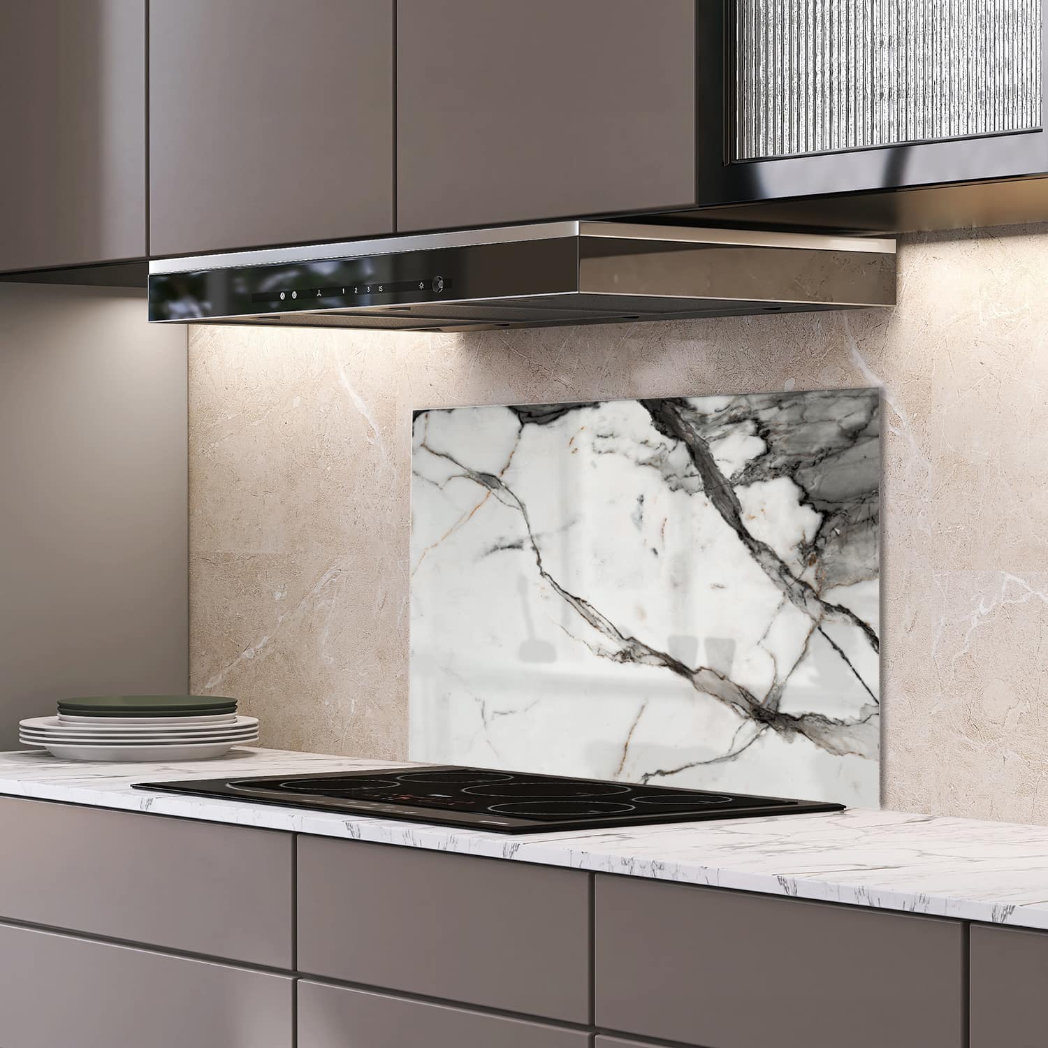 Eigen afmeting spatscherm-op-maat Keuken - Hittebestendig gehard glas - Wit-Grijs Marmer