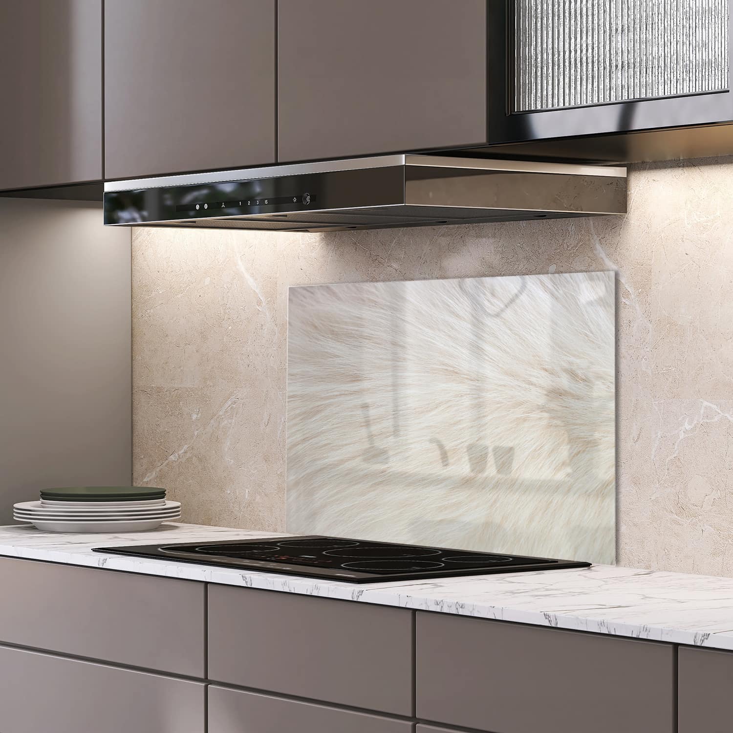 Eigen afmeting spatscherm-op-maat Keuken - Hittebestendig gehard glas - Witte Vacht