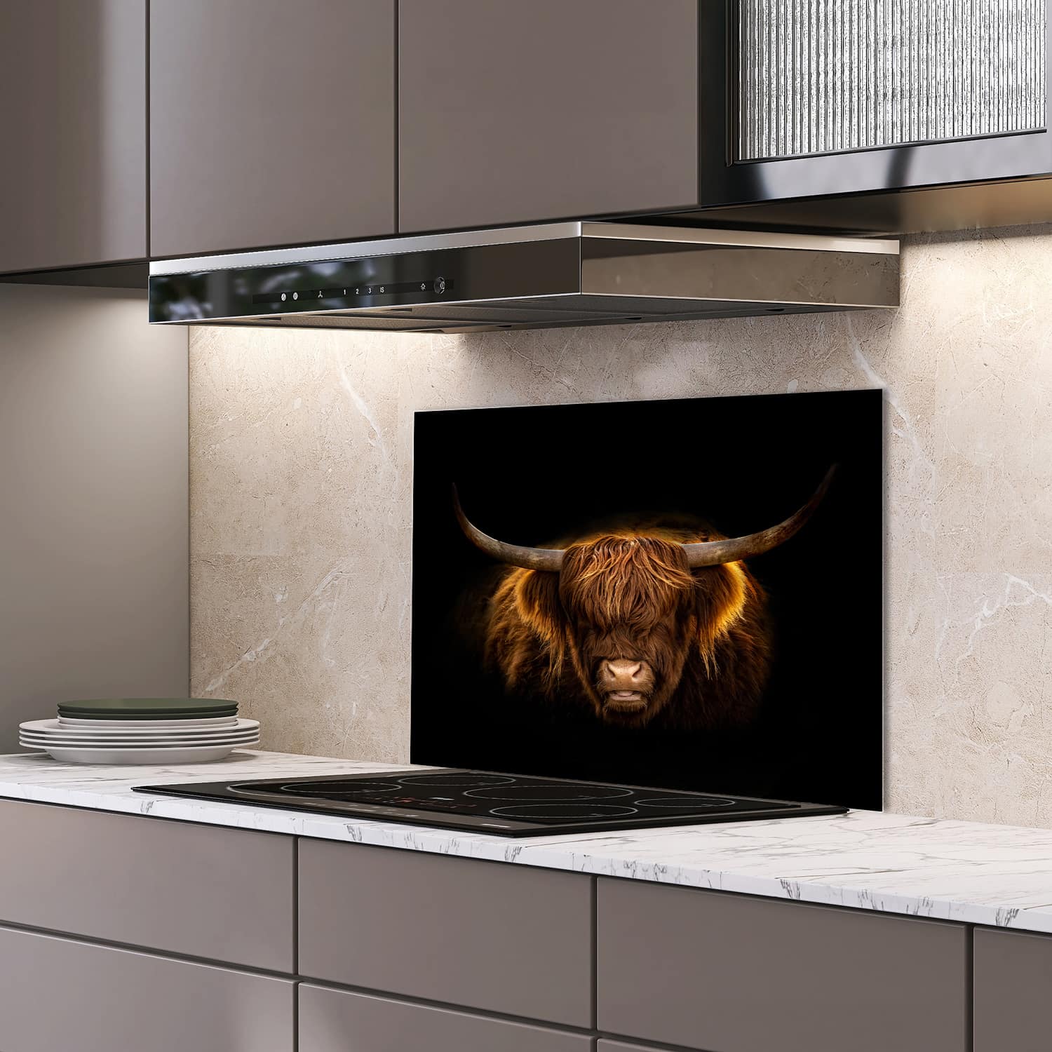 Eigen afmeting spatscherm-op-maat Keuken - Hittebestendig gehard glas - Schotse Hoogland in de Winter