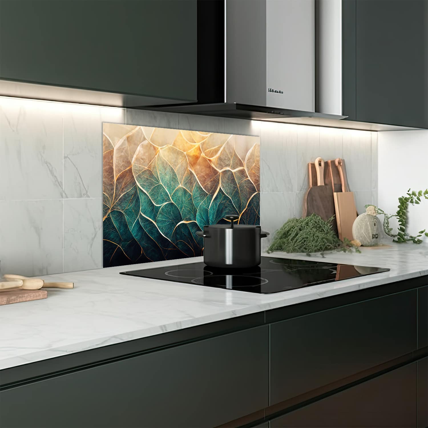 Eigen afmeting spatscherm-op-maat Keuken - Hittebestendig gehard glas - Blauw-Goud Bloemenmarmer