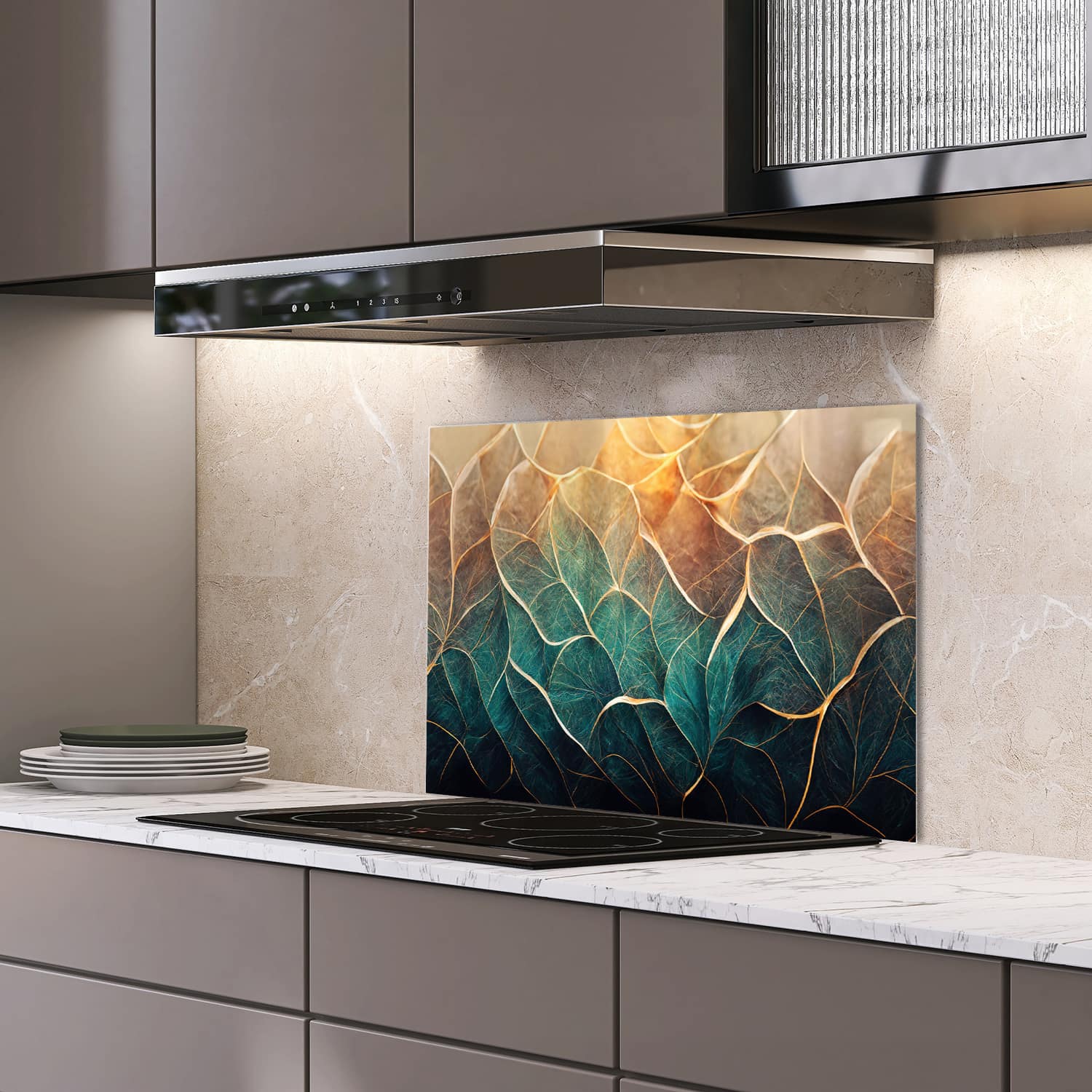 Eigen afmeting spatscherm-op-maat Keuken - Hittebestendig gehard glas - Blauw-Goud Bloemenmarmer
