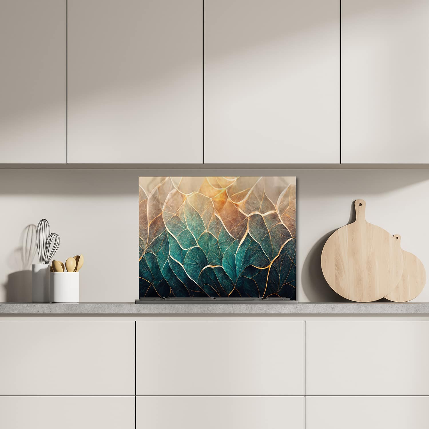 Eigen afmeting spatscherm-op-maat Keuken - Hittebestendig gehard glas - Blauw-Goud Bloemenmarmer