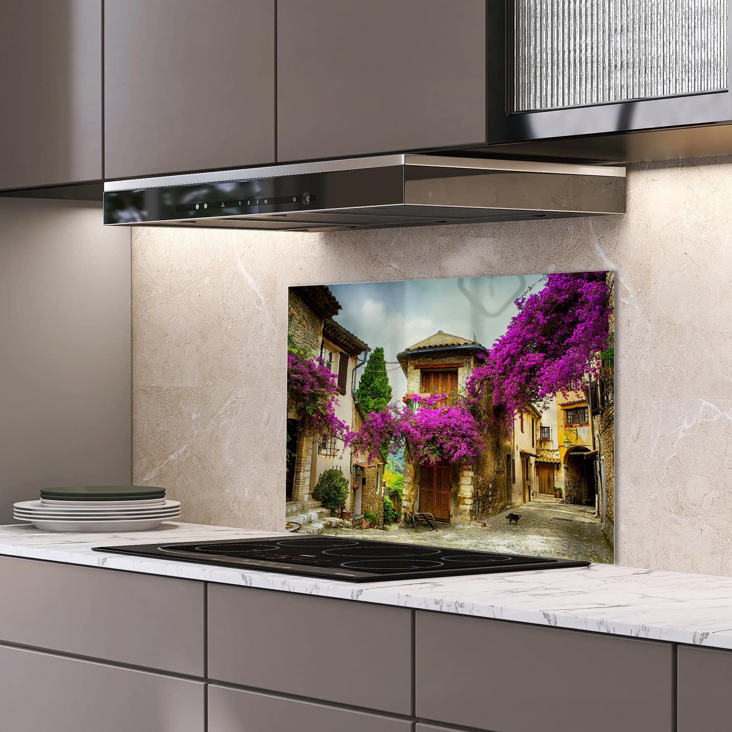 Eigen afmeting spatscherm-op-maat Keuken - Hittebestendig gehard glas - Oud Stadje in de Provence