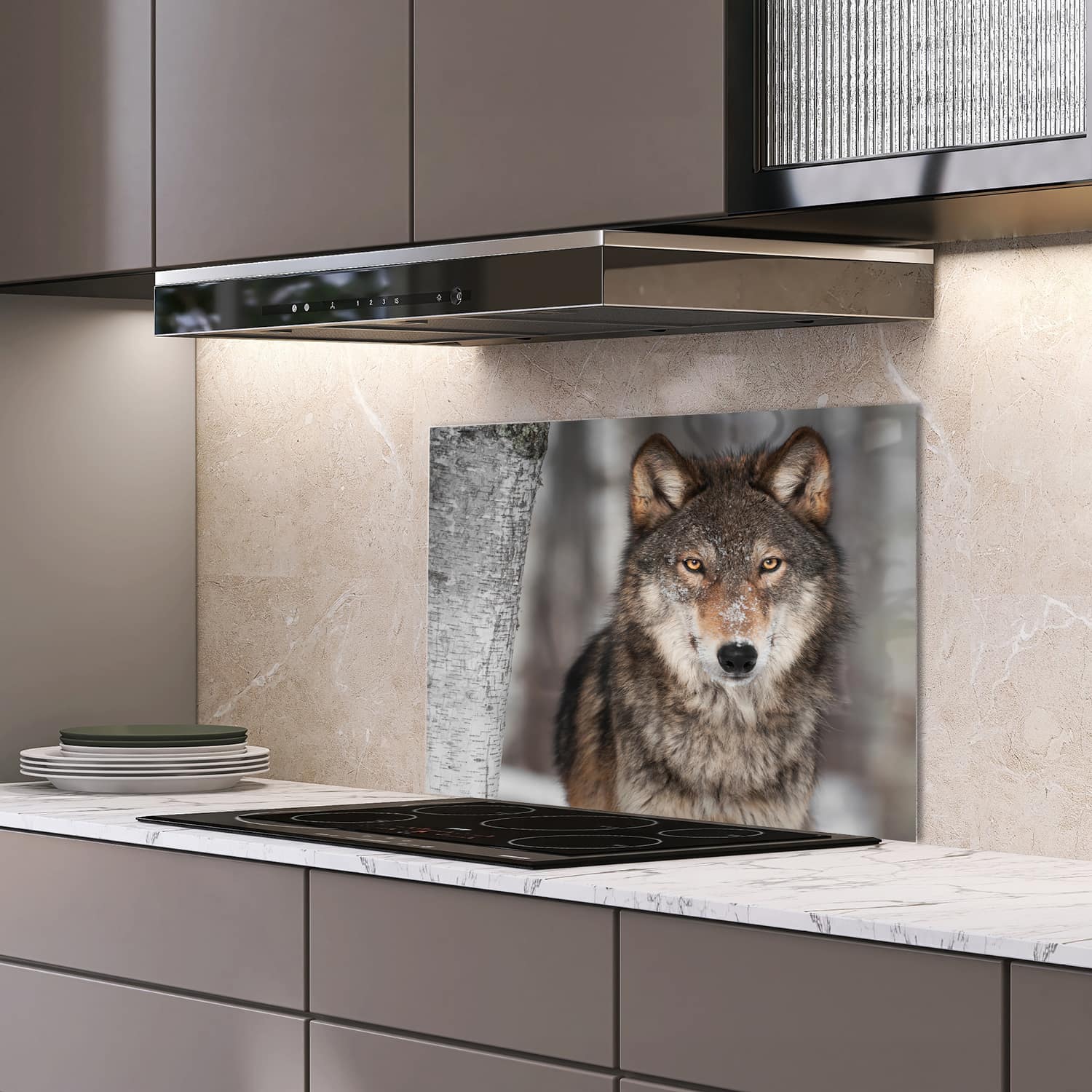 Eigen afmeting spatscherm-op-maat Keuken - Hittebestendig gehard glas - Grijze Wolf