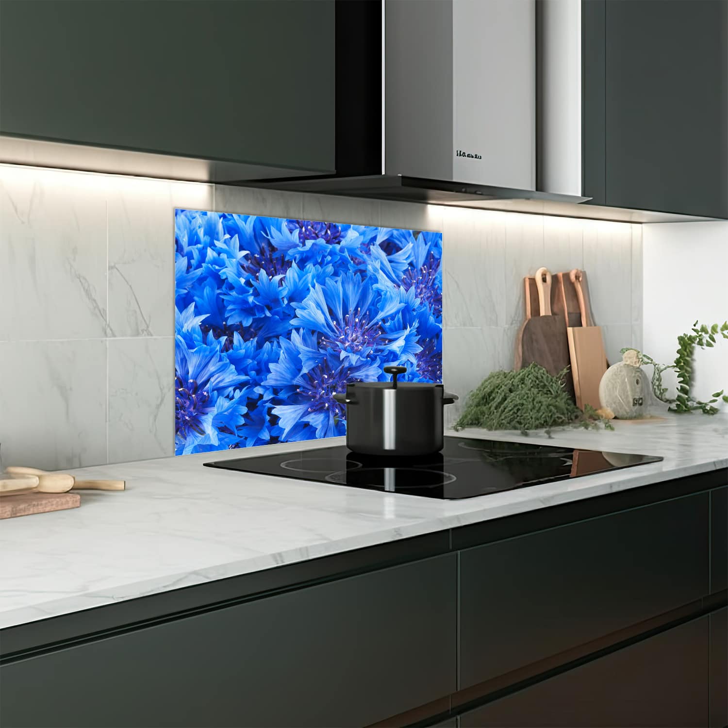 Eigen afmeting spatscherm-op-maat Keuken - Hittebestendig gehard glas - Blauwe Korenbloem