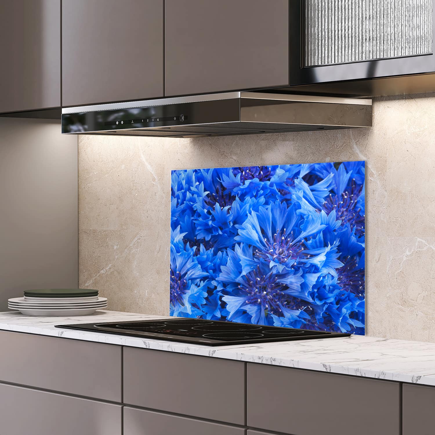 Eigen afmeting spatscherm-op-maat Keuken - Hittebestendig gehard glas - Blauwe Korenbloem