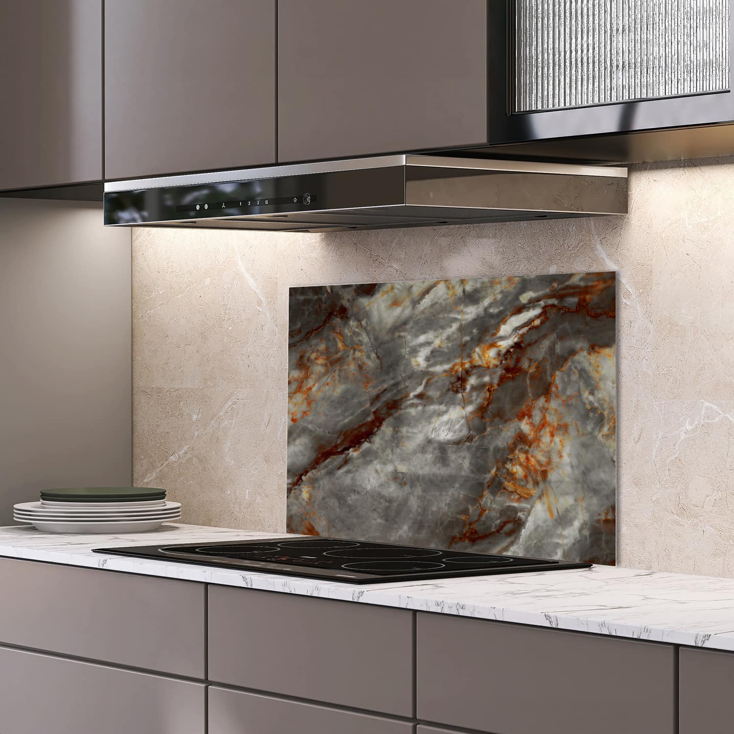 Eigen afmeting spatscherm-op-maat Keuken - Hittebestendig gehard glas - Roodroest Marmer