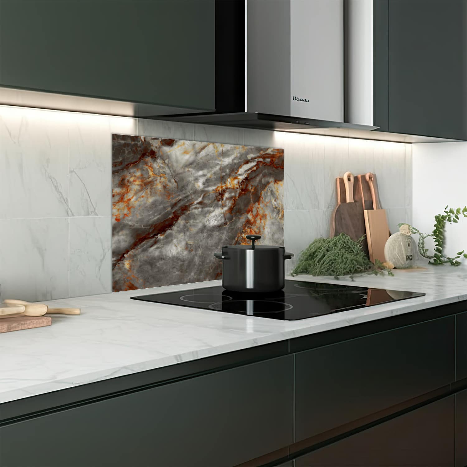 Eigen afmeting spatscherm-op-maat Keuken - Hittebestendig gehard glas - Roodroest Marmer