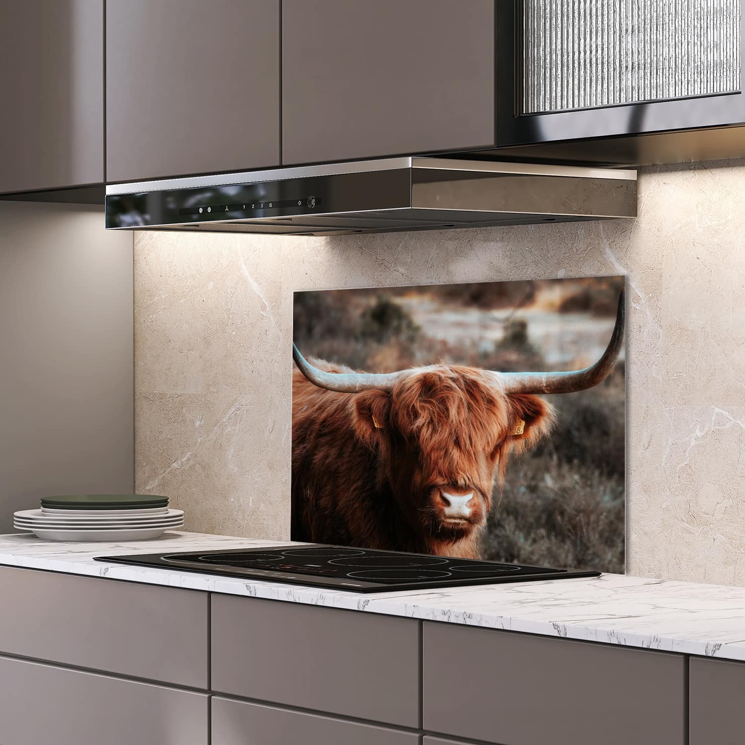 Eigen afmeting spatscherm-op-maat Keuken - Hittebestendig gehard glas - Schotse Hooglander in de Wildernis