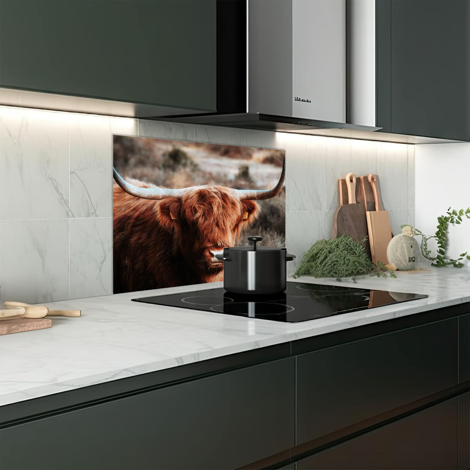 Eigen afmeting spatscherm-op-maat Keuken - Hittebestendig gehard glas - Schotse Hooglander in de Wildernis