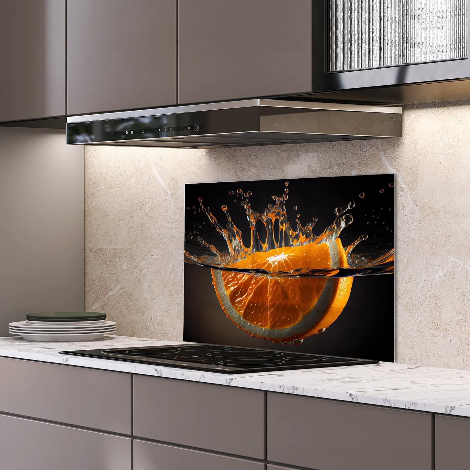 Eigen afmeting spatscherm-op-maat Keuken - Hittebestendig gehard glas - Sinaasappel Splash