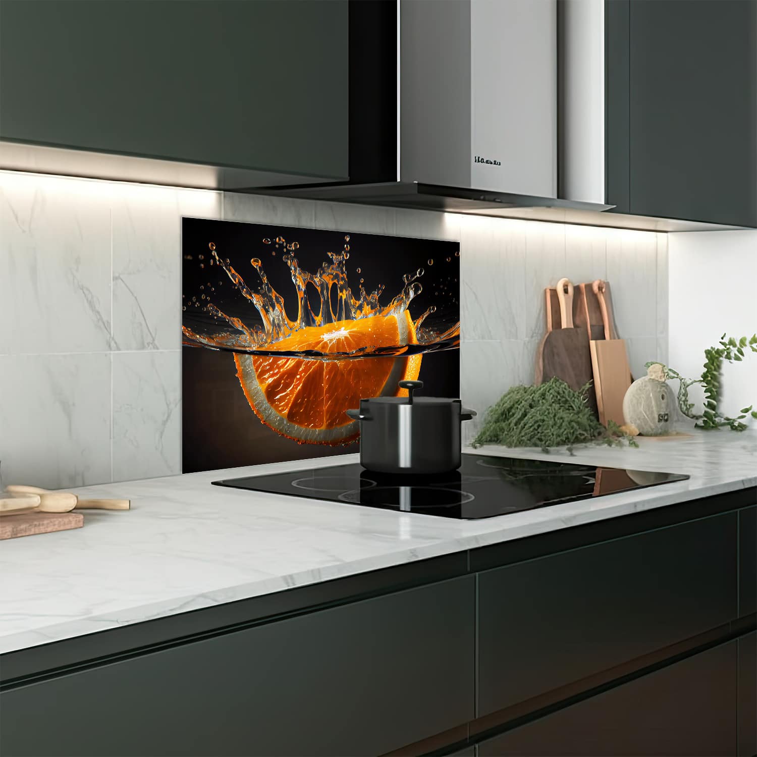 Eigen afmeting spatscherm-op-maat Keuken - Hittebestendig gehard glas - Sinaasappel Splash