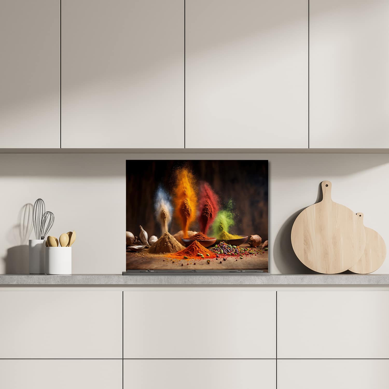 Eigen afmeting spatscherm-op-maat Keuken - Hittebestendig gehard glas - Specerijenregen op Hout