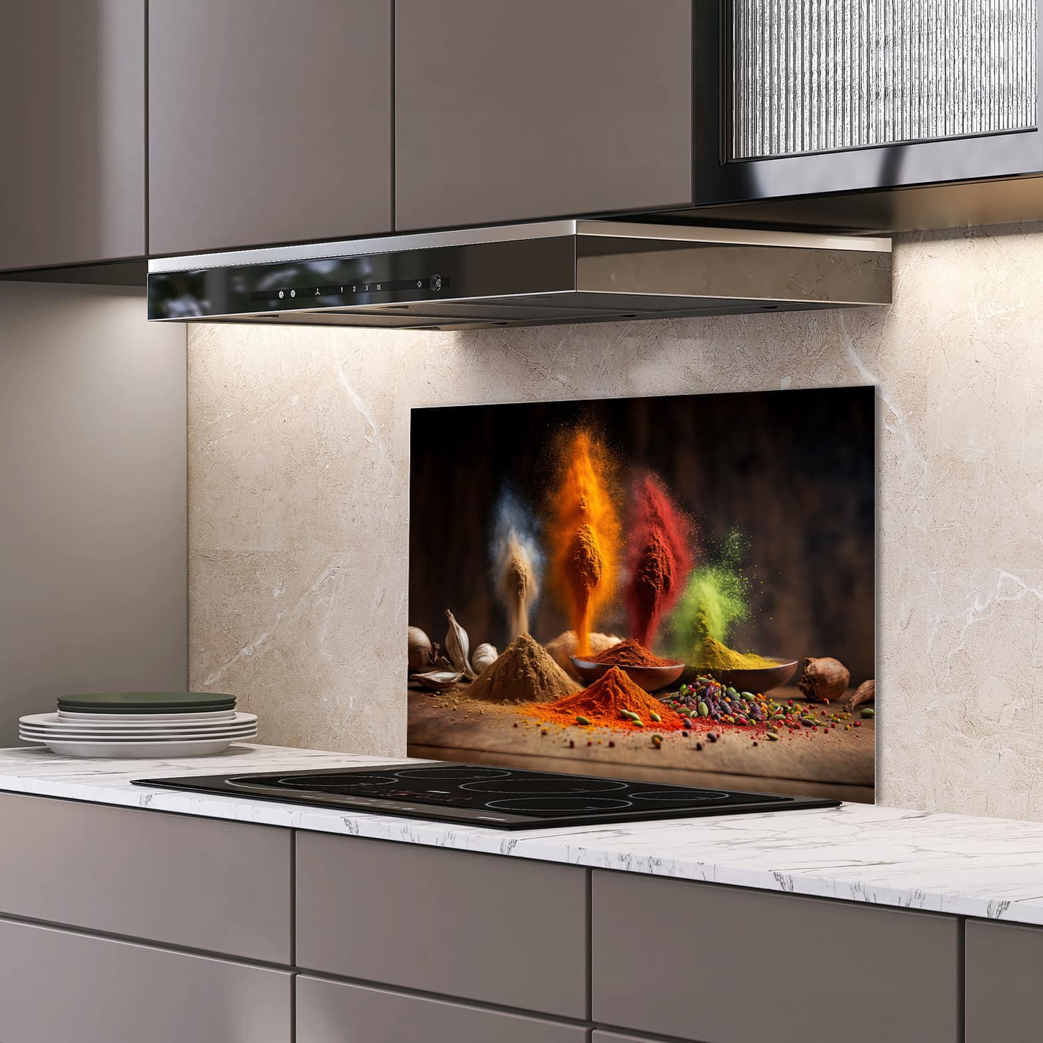 Eigen afmeting spatscherm-op-maat Keuken - Hittebestendig gehard glas - Specerijenregen op Hout
