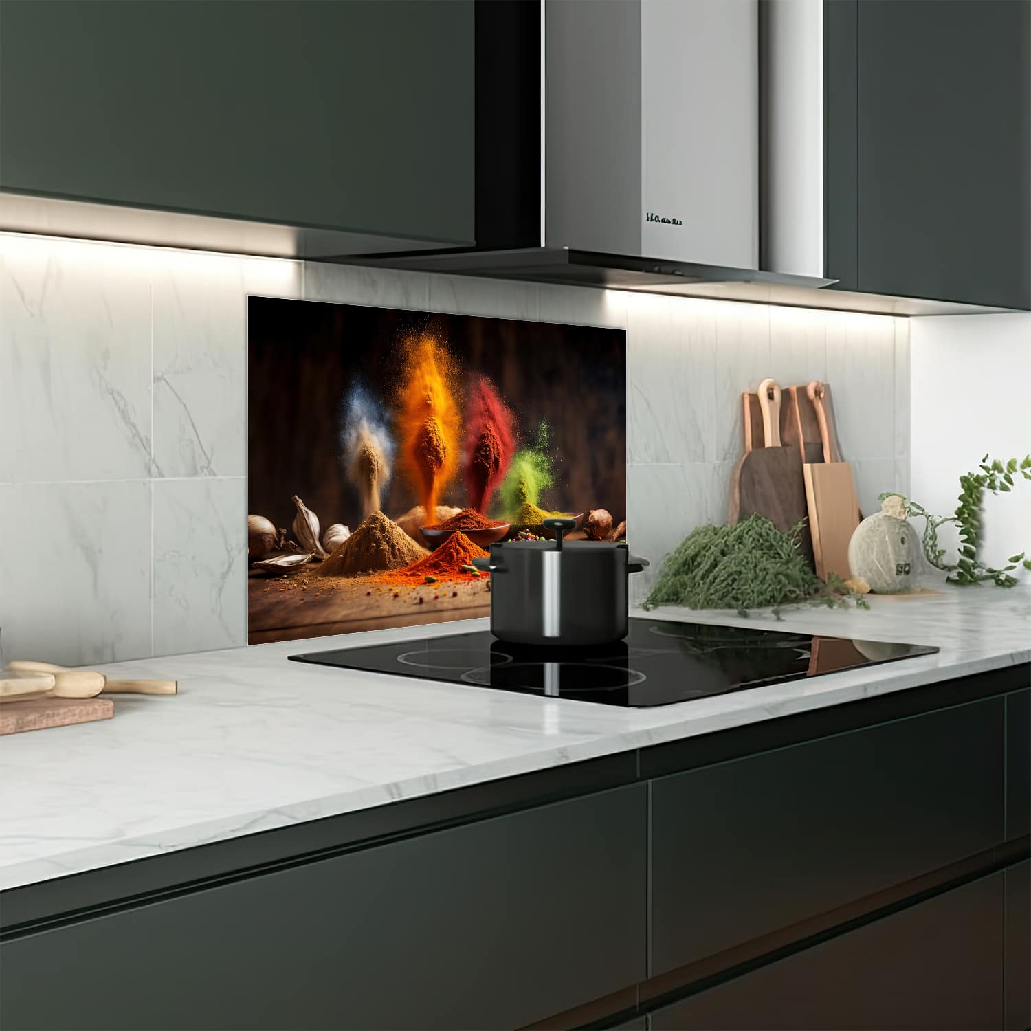 Eigen afmeting spatscherm-op-maat Keuken - Hittebestendig gehard glas - Specerijenregen op Hout