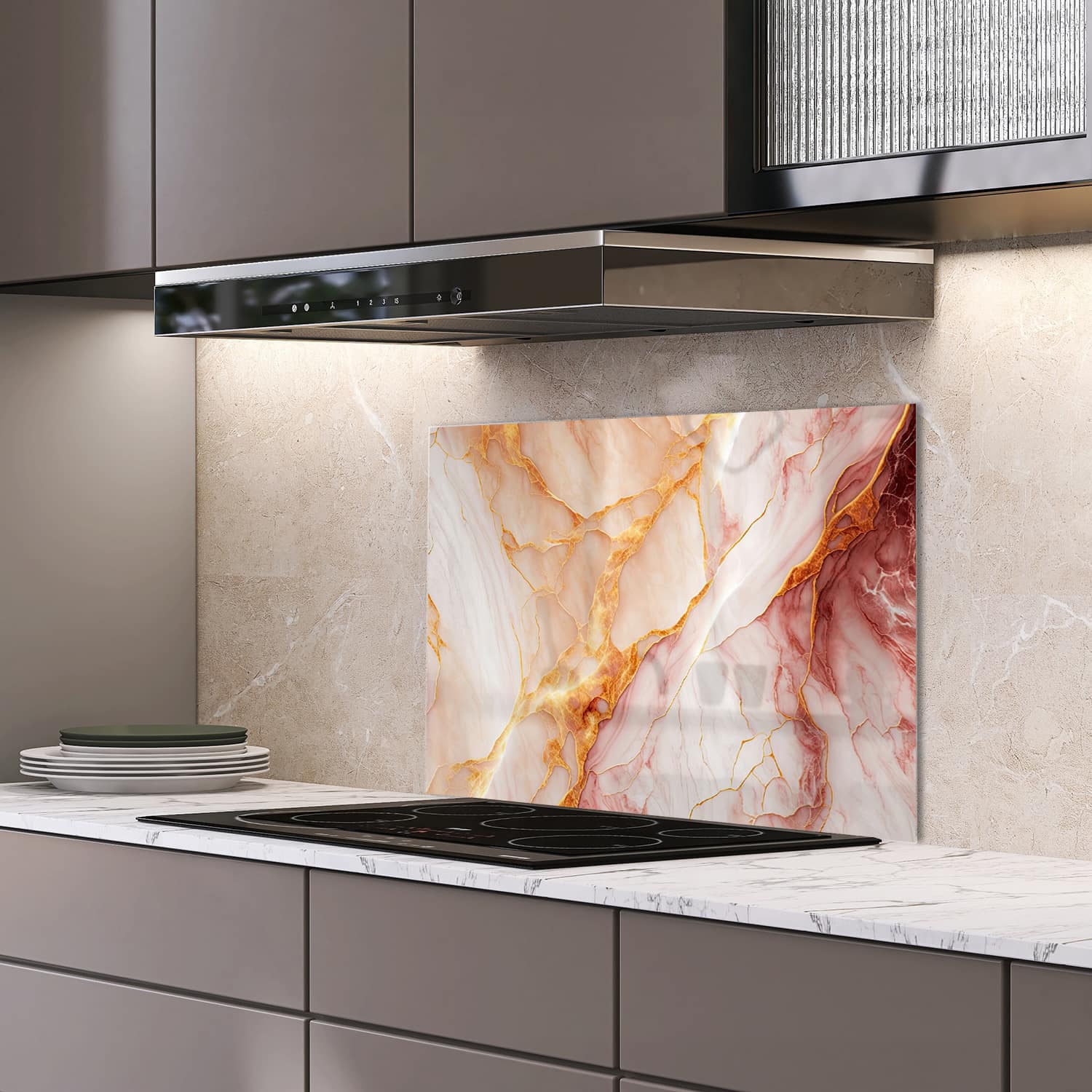 Eigen afmeting spatscherm-op-maat Keuken - Hittebestendig gehard glas - Rood-Roze Marmer