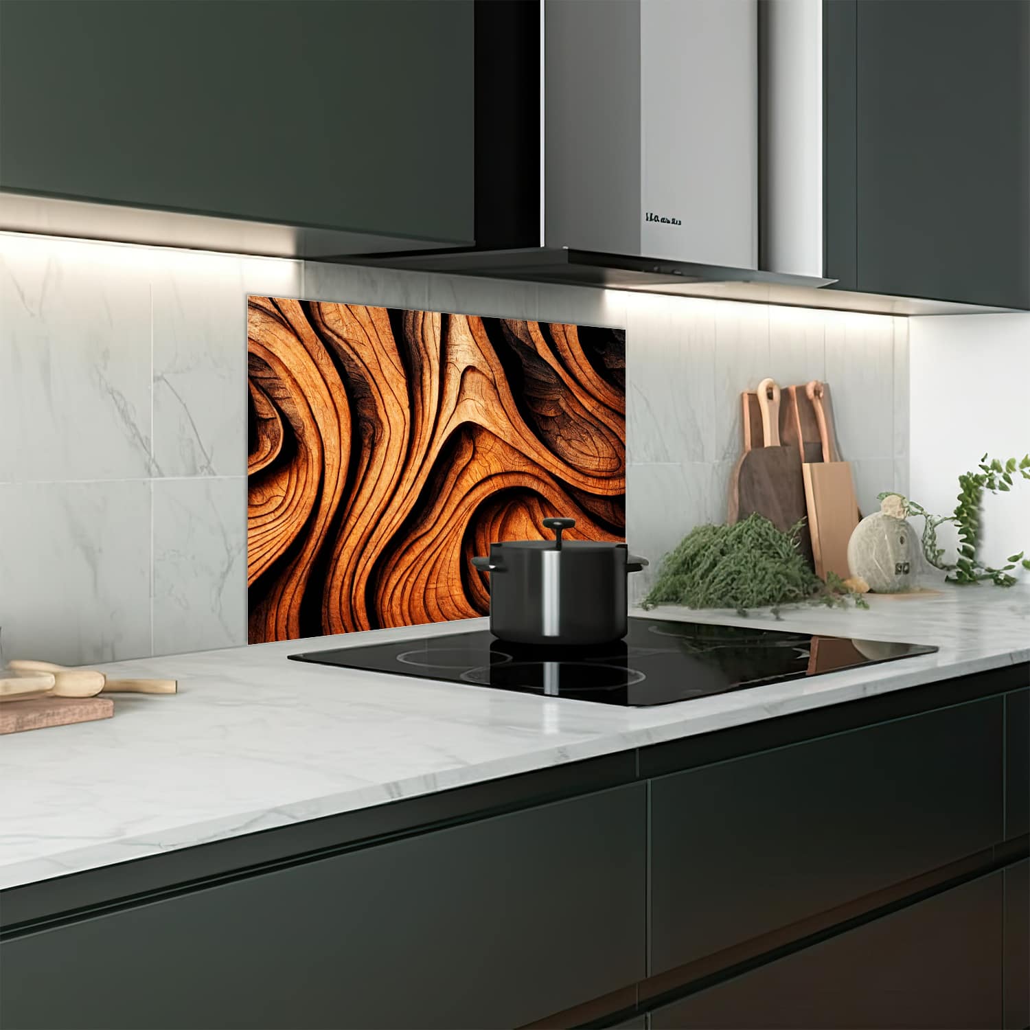 Eigen afmeting spatscherm-op-maat Keuken - Hittebestendig gehard glas - Abstracte Hout Textuur