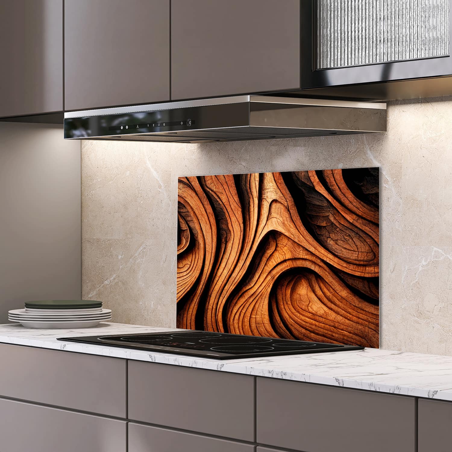 Eigen afmeting spatscherm-op-maat Keuken - Hittebestendig gehard glas - Abstracte Hout Textuur