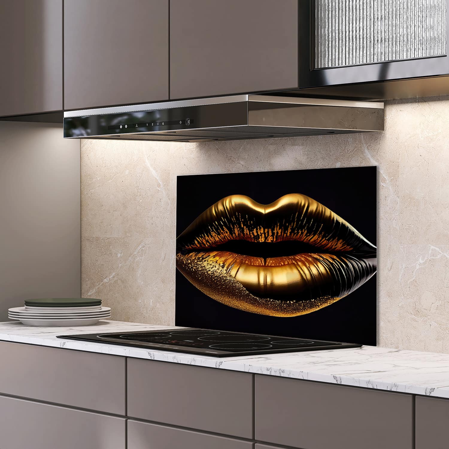 Eigen afmeting spatscherm-op-maat Keuken - Hittebestendig gehard glas - Gouden Lippen