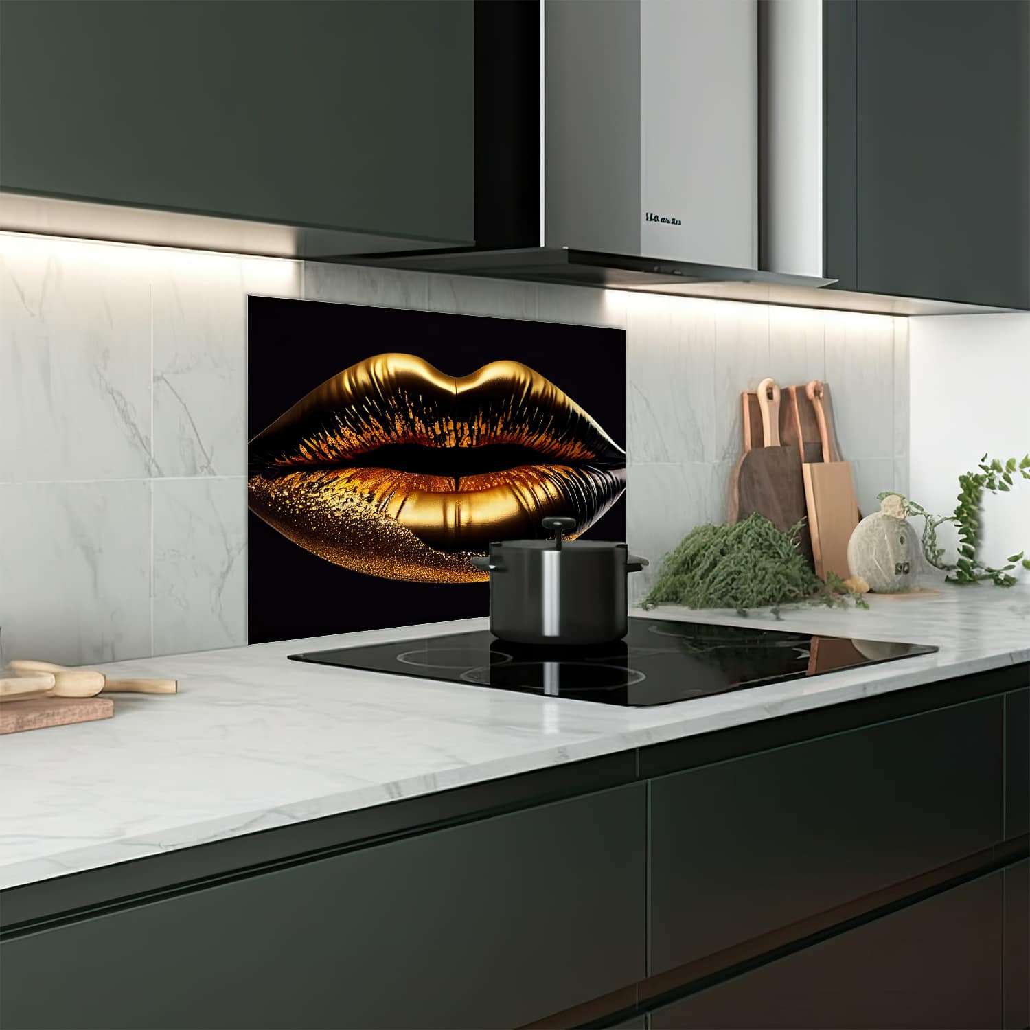 Eigen afmeting spatscherm-op-maat Keuken - Hittebestendig gehard glas - Gouden Lippen