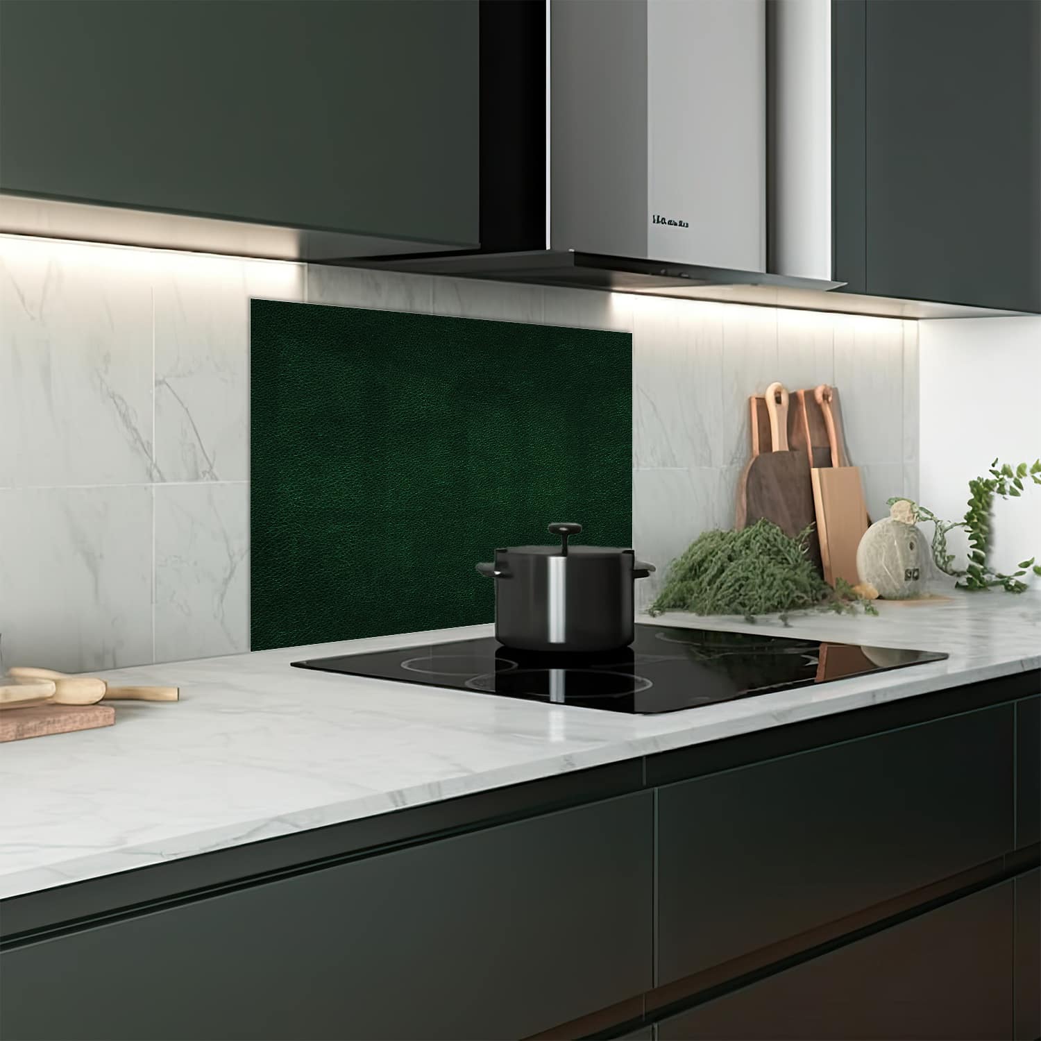Eigen afmeting spatscherm-op-maat Keuken - Hittebestendig gehard glas - Donkergroen Leer