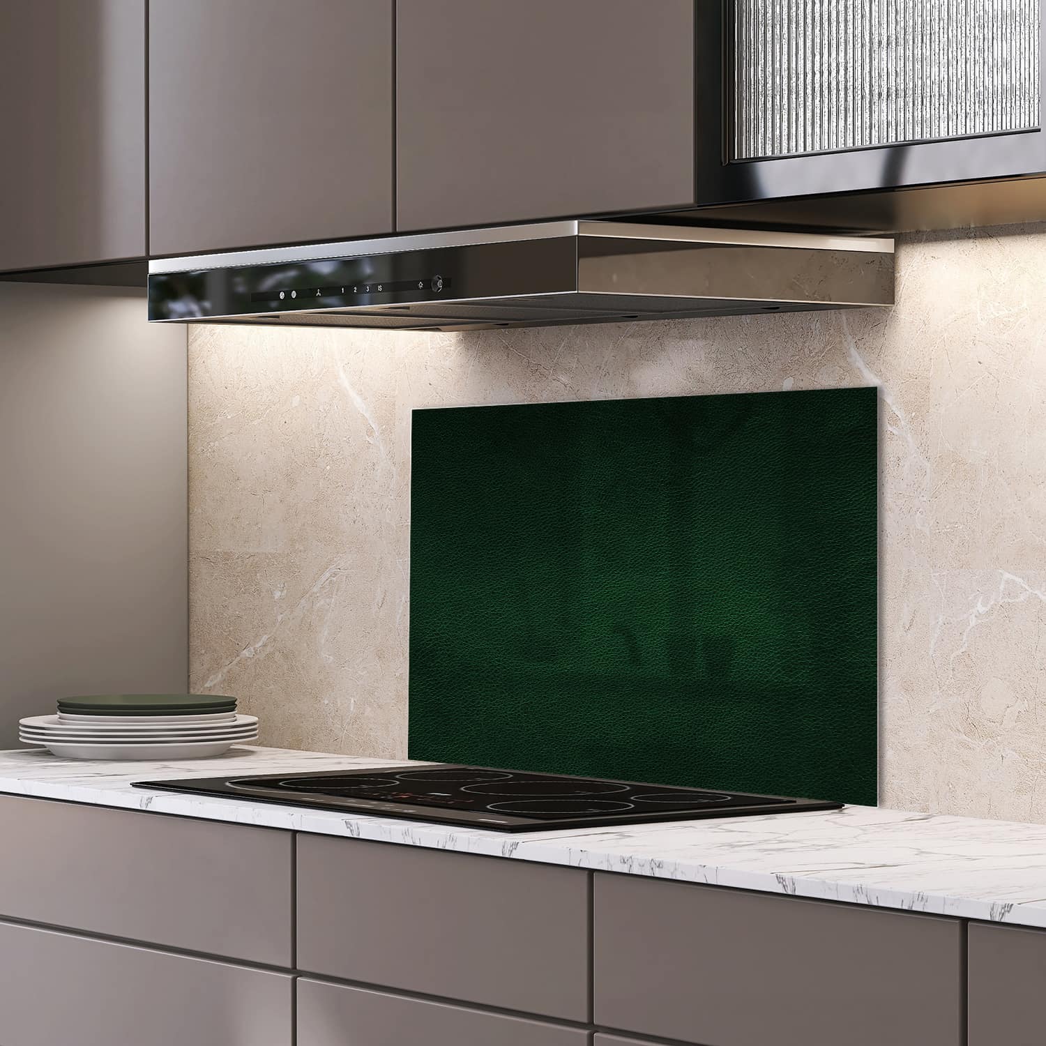 Eigen afmeting spatscherm-op-maat Keuken - Hittebestendig gehard glas - Donkergroen Leer