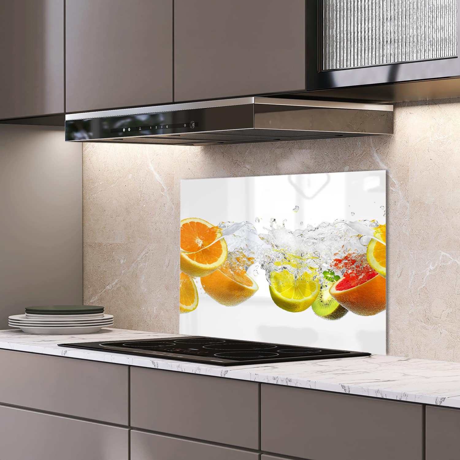 Eigen afmeting spatscherm-op-maat Keuken - Hittebestendig gehard glas - Fruitmix Splash