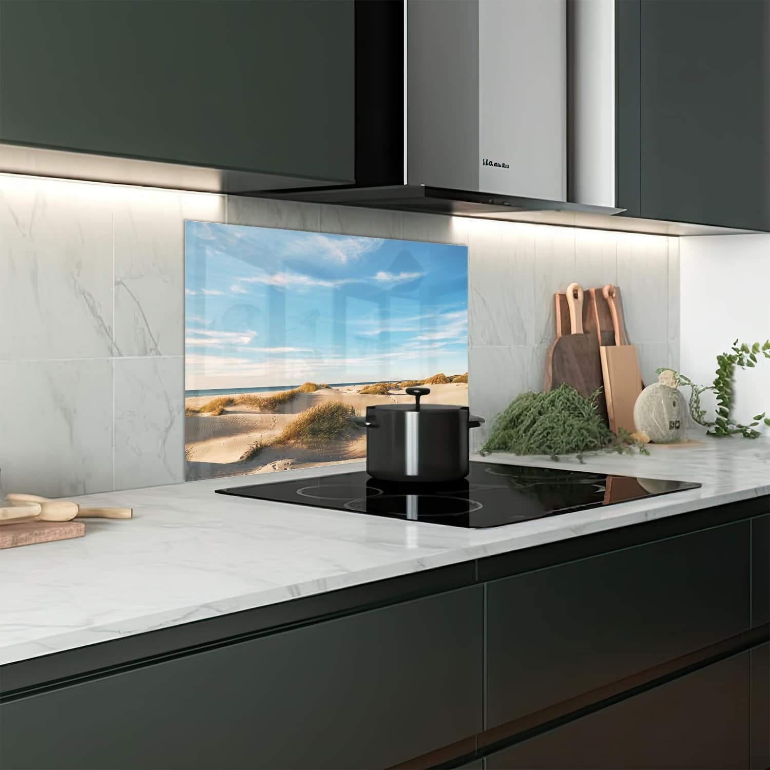 Eigen afmeting spatscherm-op-maat Keuken - Hittebestendig gehard glas - Duinen bij Deense Kust