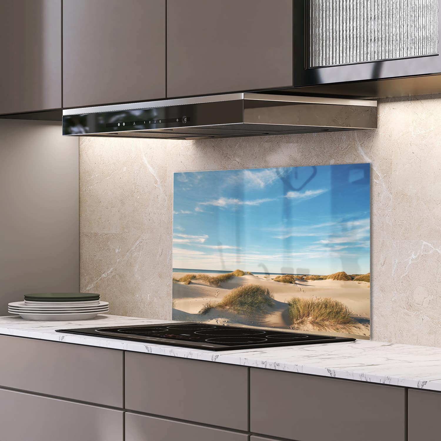 Eigen afmeting spatscherm-op-maat Keuken - Hittebestendig gehard glas - Duinen bij Deense Kust