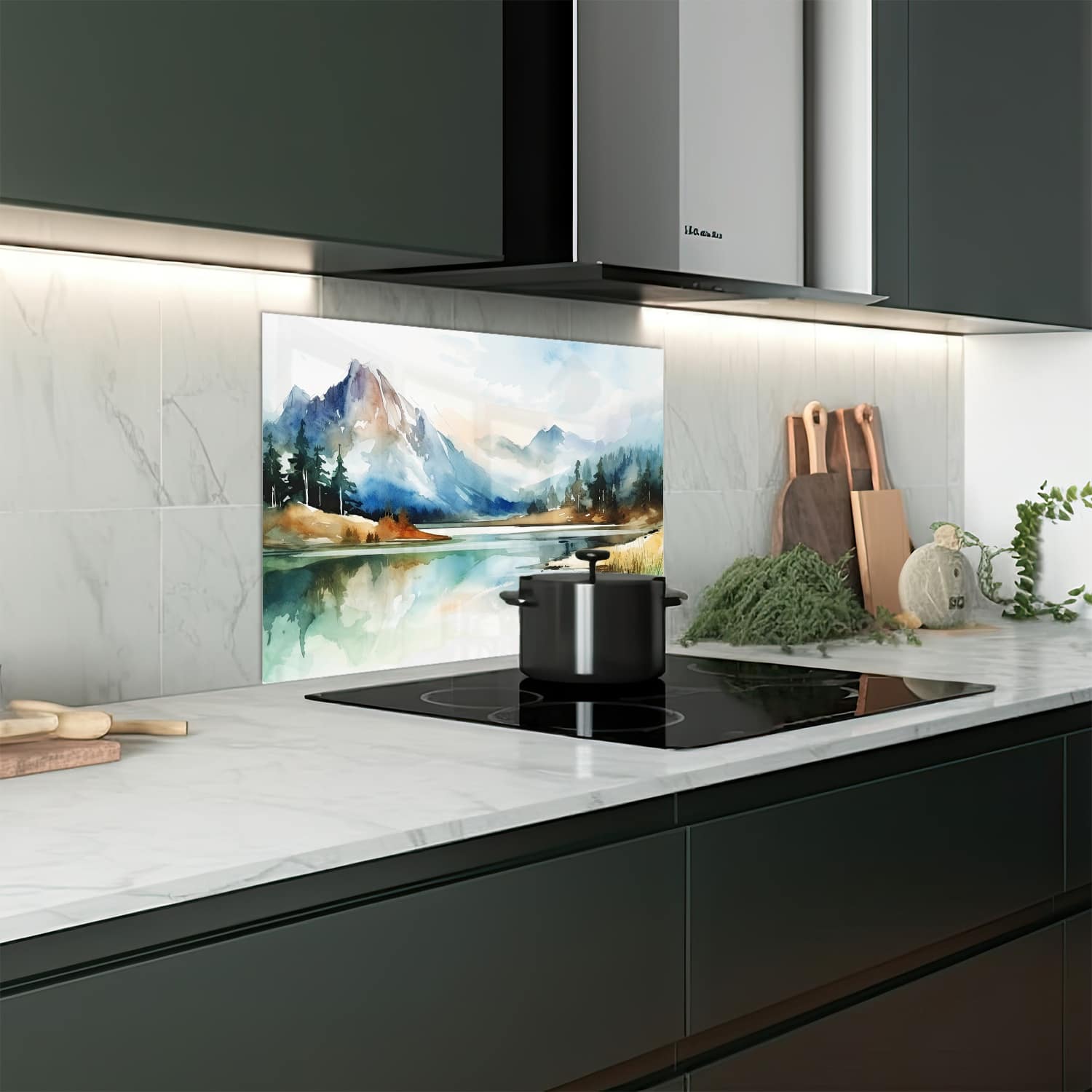 Eigen afmeting spatscherm-op-maat Keuken - Hittebestendig gehard glas - Waterverf Schilderij van Bergen