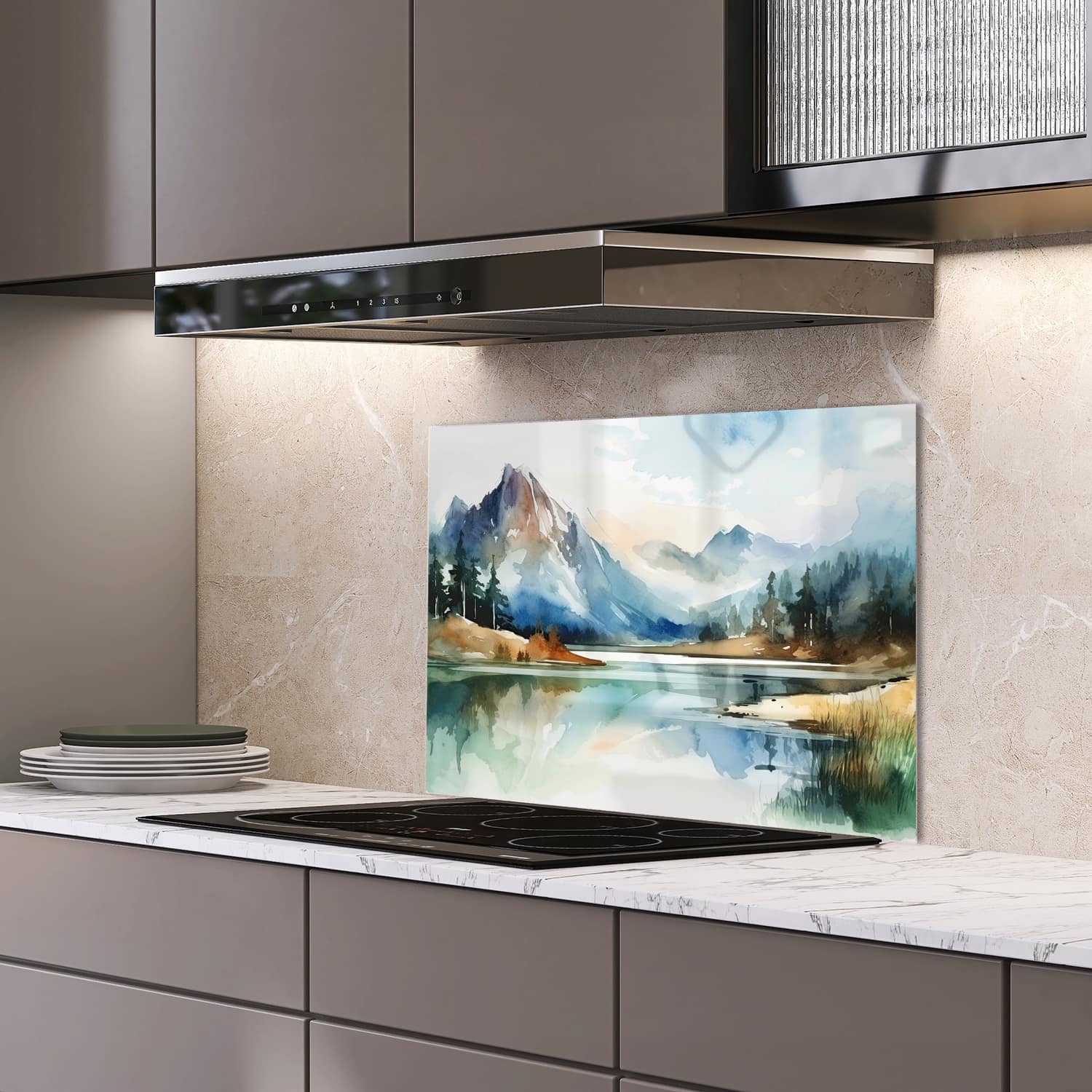 Eigen afmeting spatscherm-op-maat Keuken - Hittebestendig gehard glas - Waterverf Schilderij van Bergen