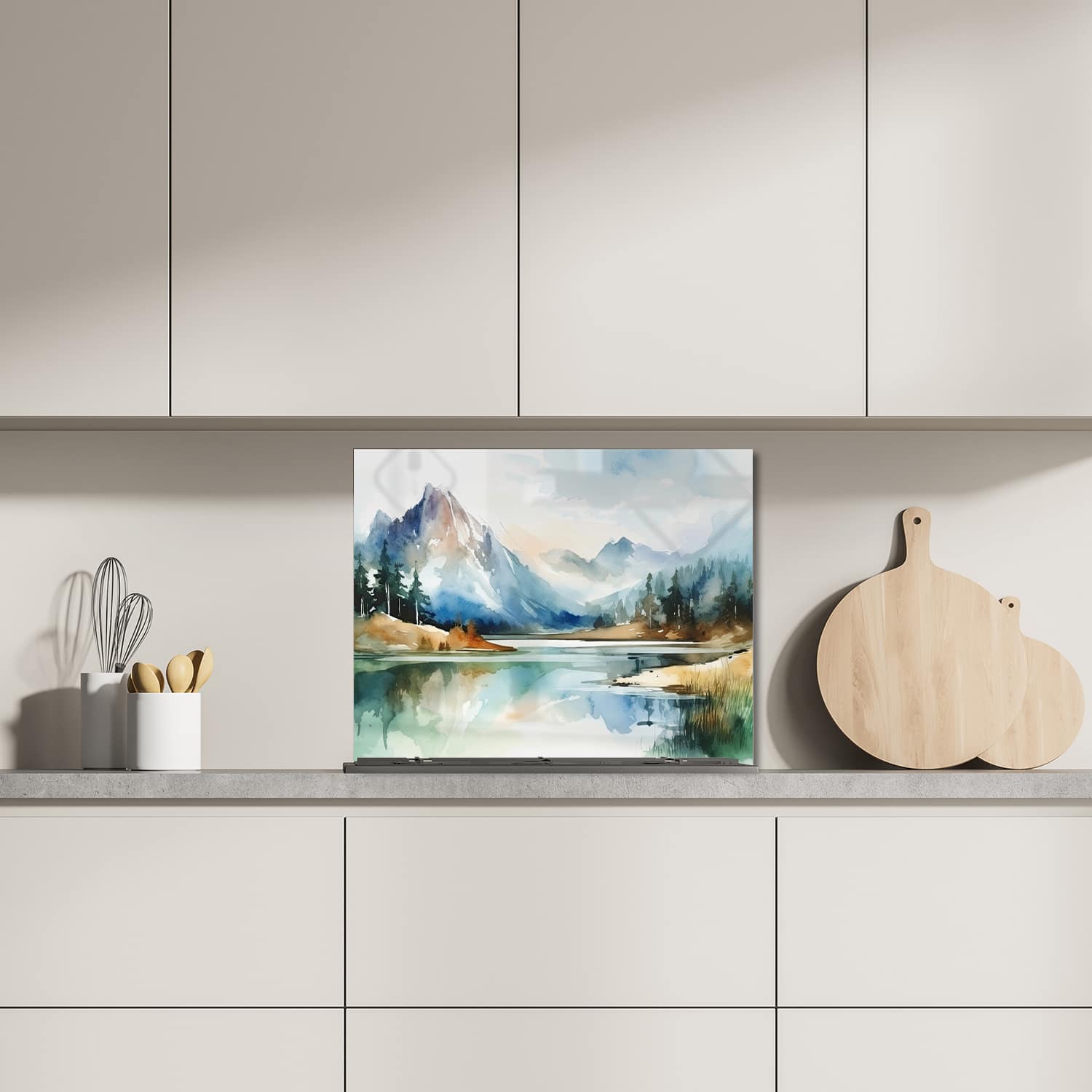 Eigen afmeting spatscherm-op-maat Keuken - Hittebestendig gehard glas - Waterverf Schilderij van Bergen