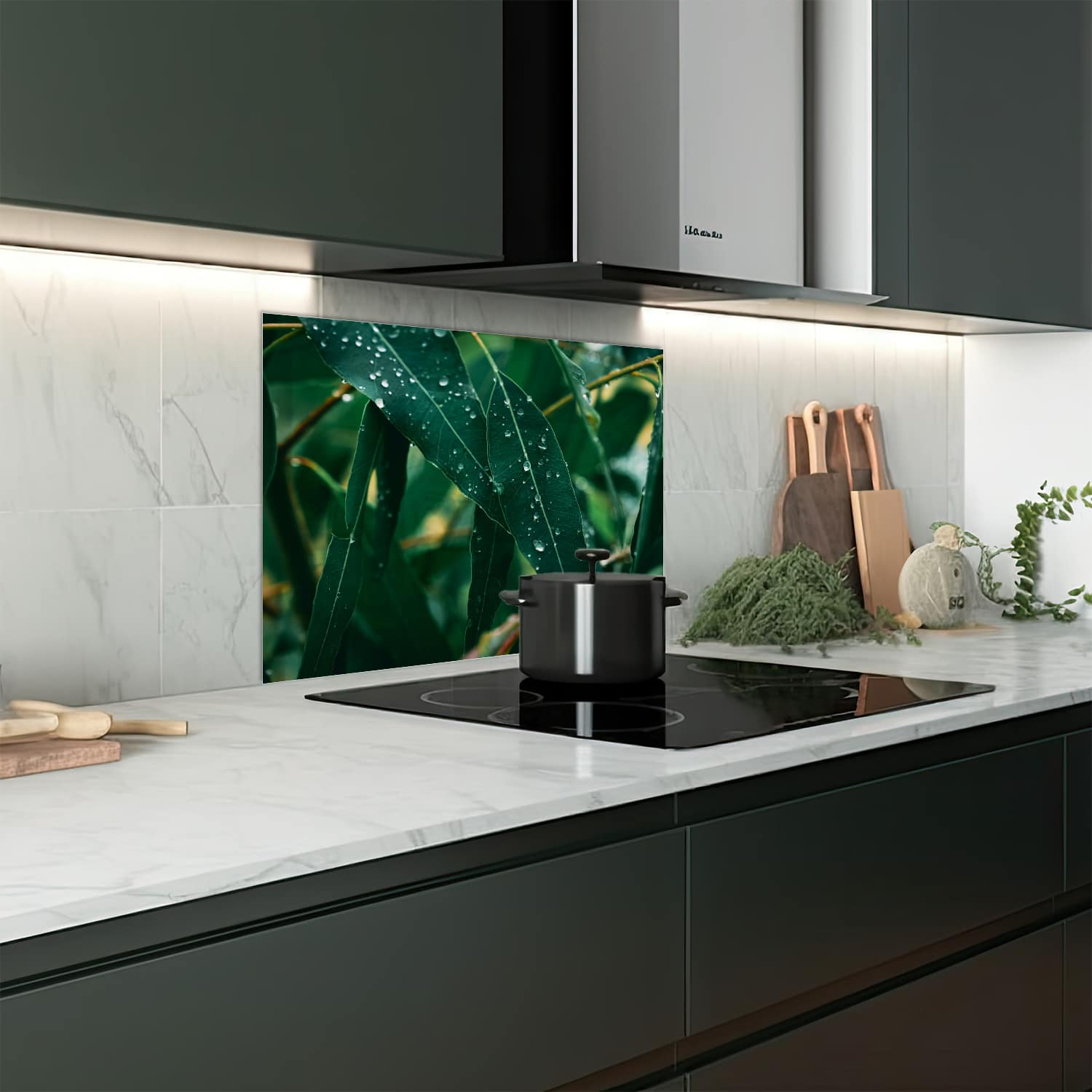 Eigen afmeting spatscherm-op-maat Keuken - Hittebestendig gehard glas - Eucalyptus Bladeren