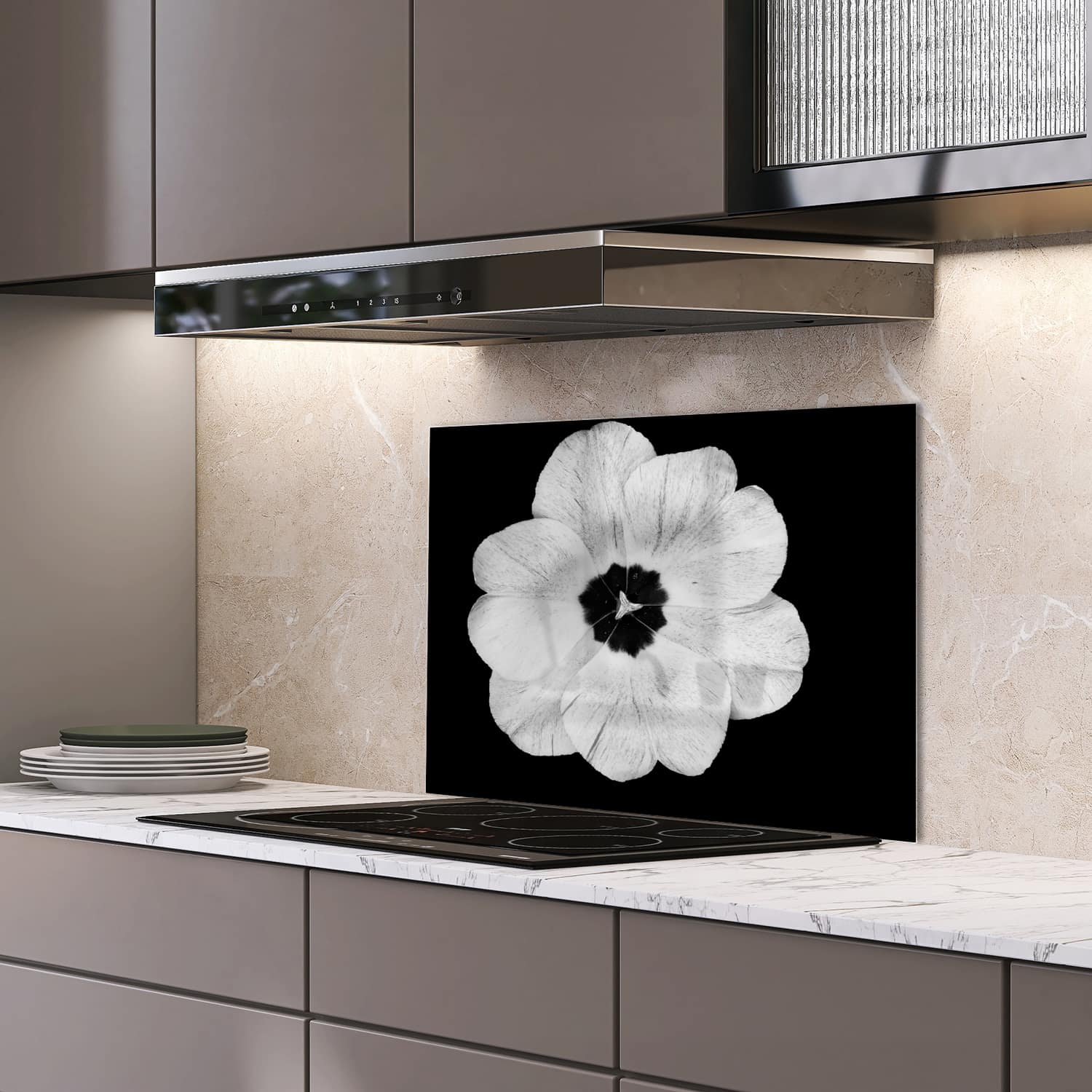 Eigen afmeting spatscherm-op-maat Keuken - Hittebestendig gehard glas - Witte Tulp