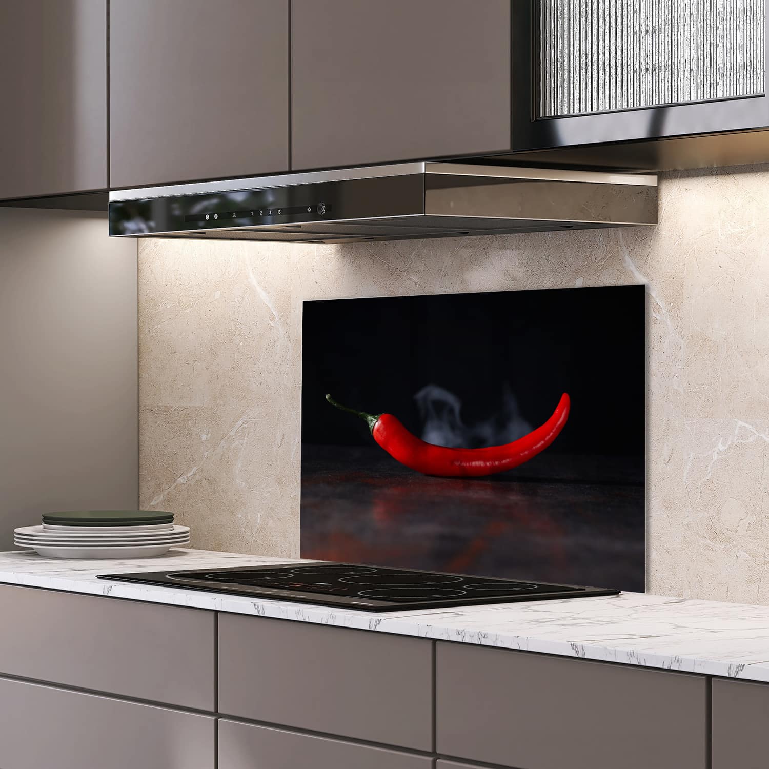 Eigen afmeting spatscherm-op-maat Keuken - Hittebestendig gehard glas - Hete Peper