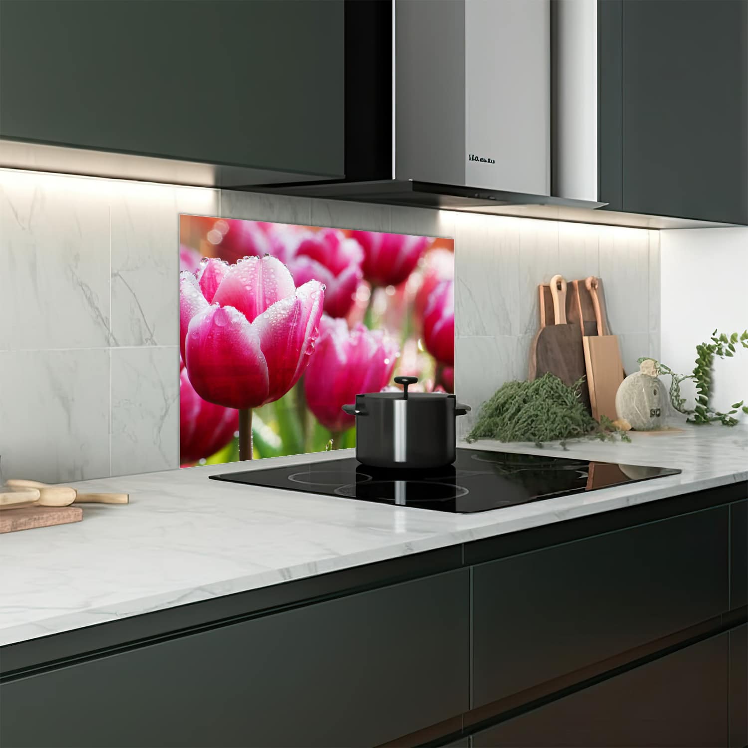 Eigen afmeting spatscherm-op-maat Keuken - Hittebestendig gehard glas - Natte Tulpen
