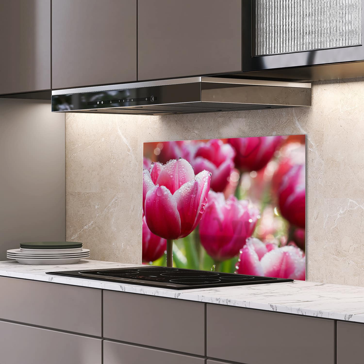 Eigen afmeting spatscherm-op-maat Keuken - Hittebestendig gehard glas - Natte Tulpen