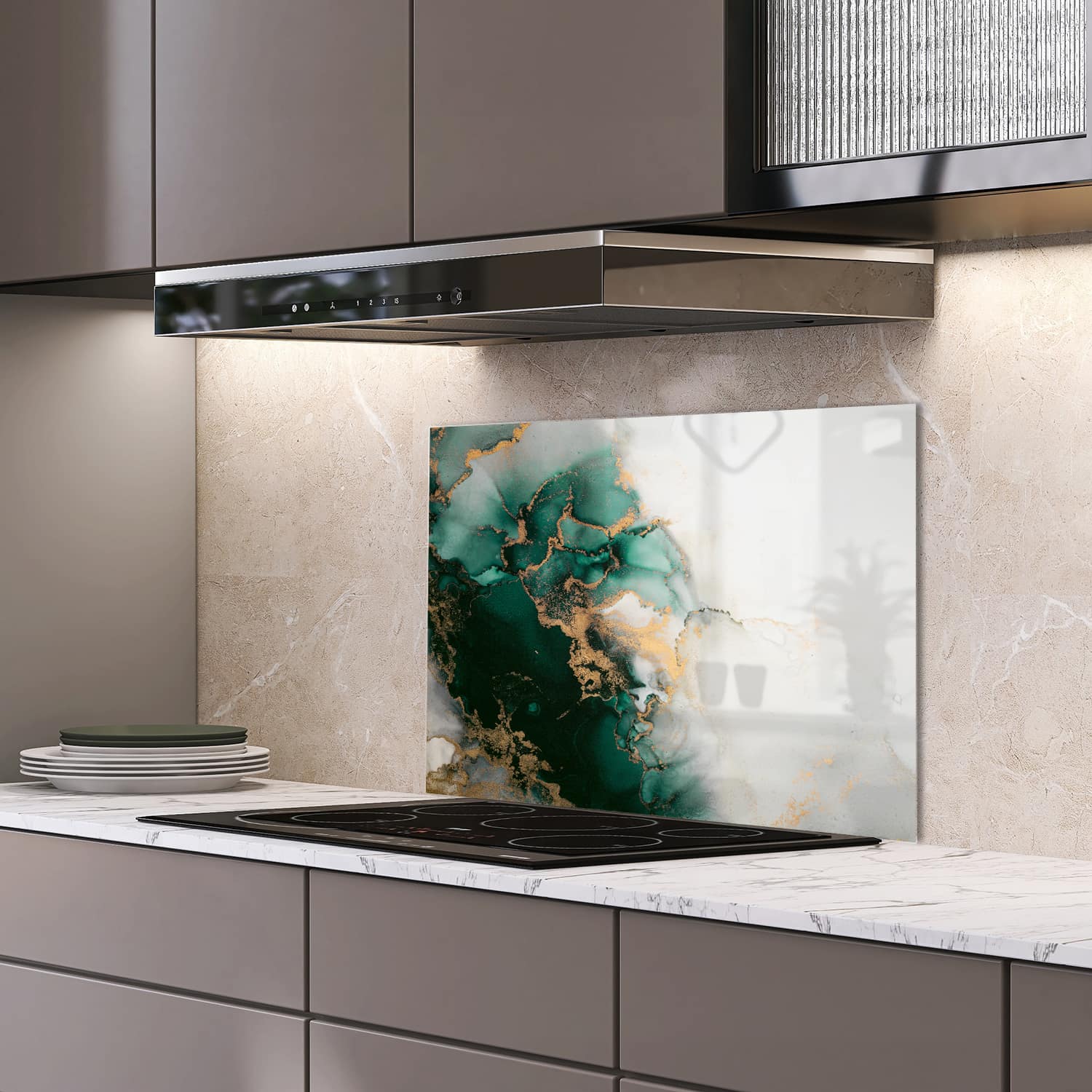 Eigen afmeting spatscherm-op-maat Keuken - Hittebestendig gehard glas - Luxe Groen-Marmer