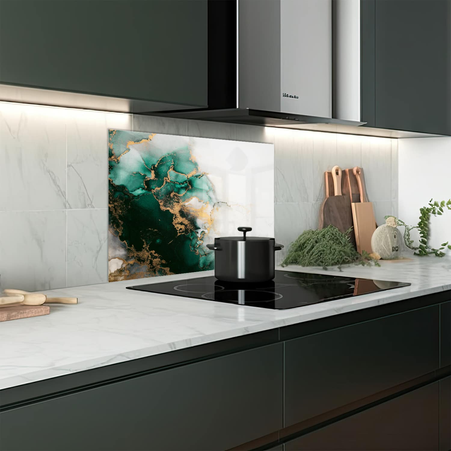 Eigen afmeting spatscherm-op-maat Keuken - Hittebestendig gehard glas - Luxe Groen-Marmer