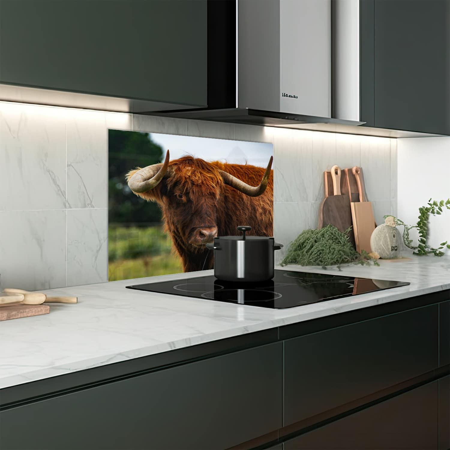 Eigen afmeting spatscherm-op-maat Keuken - Hittebestendig gehard glas - Schotse Hooglander in de Natuur