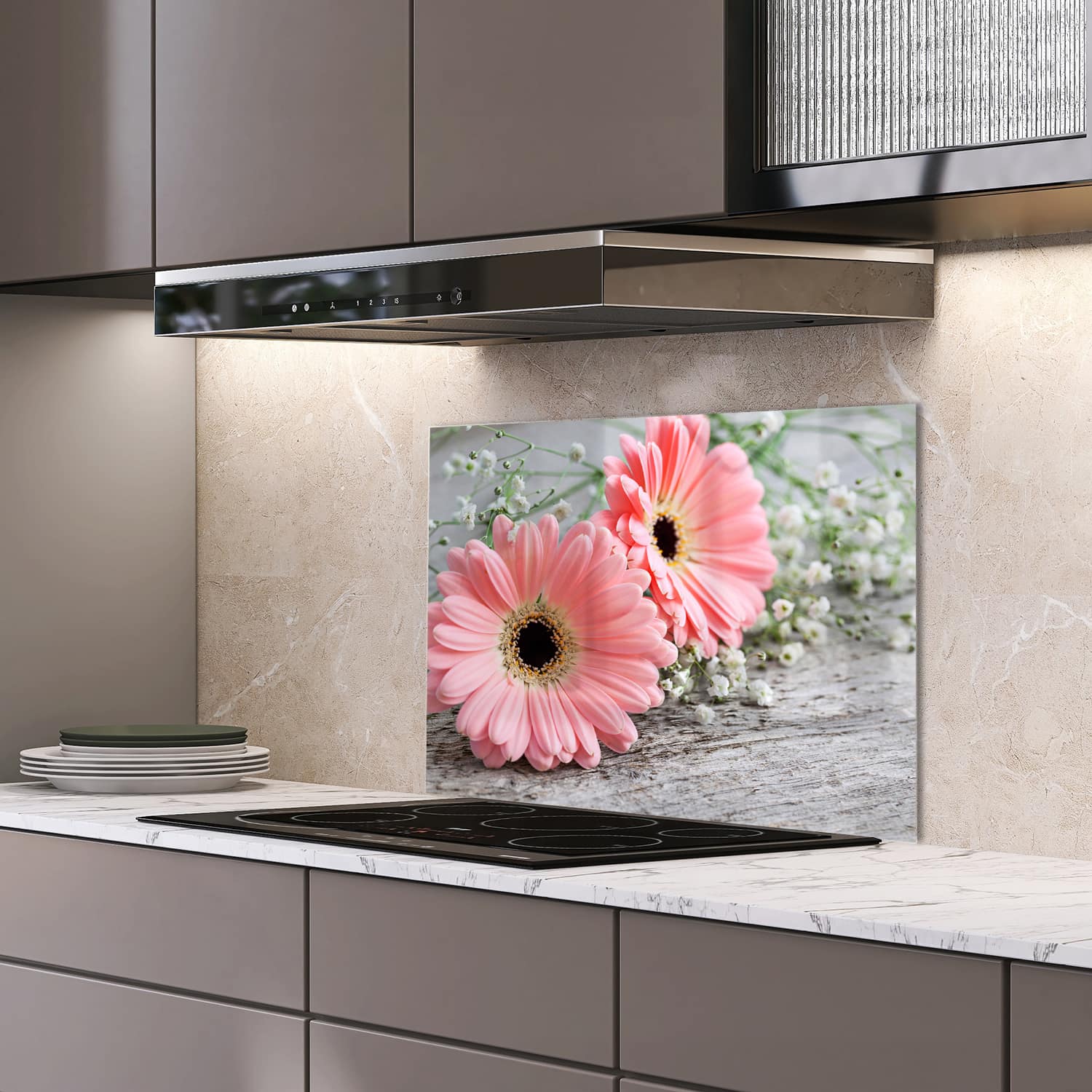 Eigen afmeting spatscherm-op-maat Keuken - Hittebestendig gehard glas - Roze Gerbera