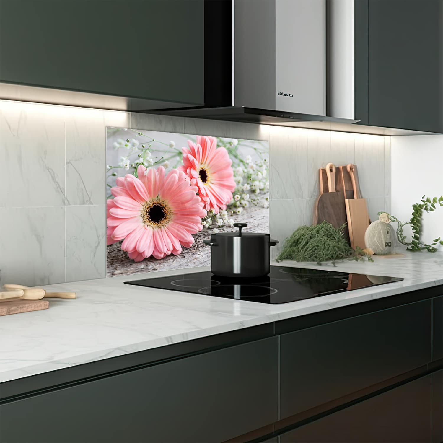 Eigen afmeting spatscherm-op-maat Keuken - Hittebestendig gehard glas - Roze Gerbera