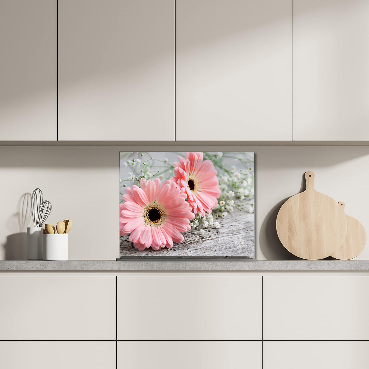 Eigen afmeting spatscherm-op-maat Keuken - Hittebestendig gehard glas - Roze Gerbera