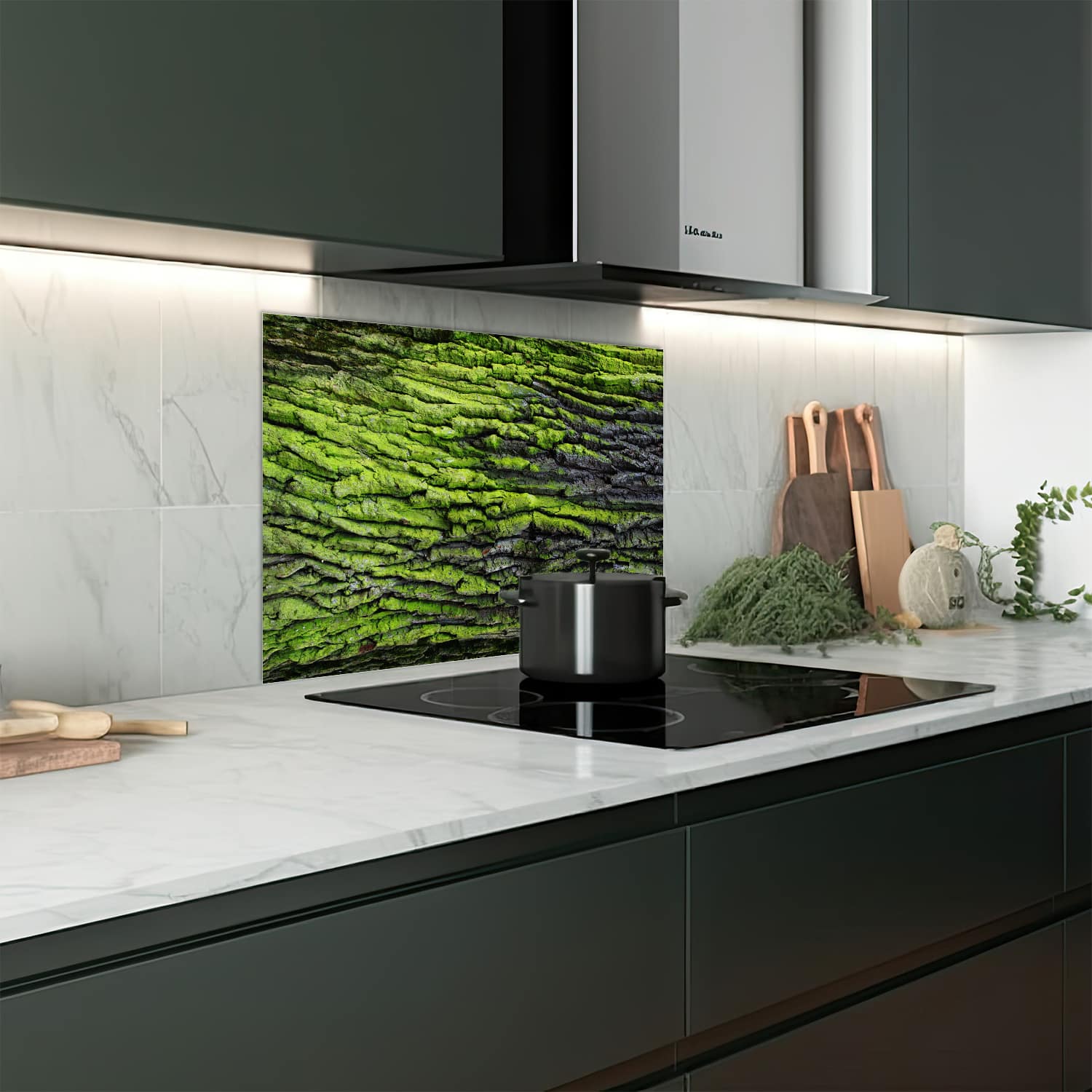 Eigen afmeting spatscherm-op-maat Keuken - Hittebestendig gehard glas - Groene Schors Textuur
