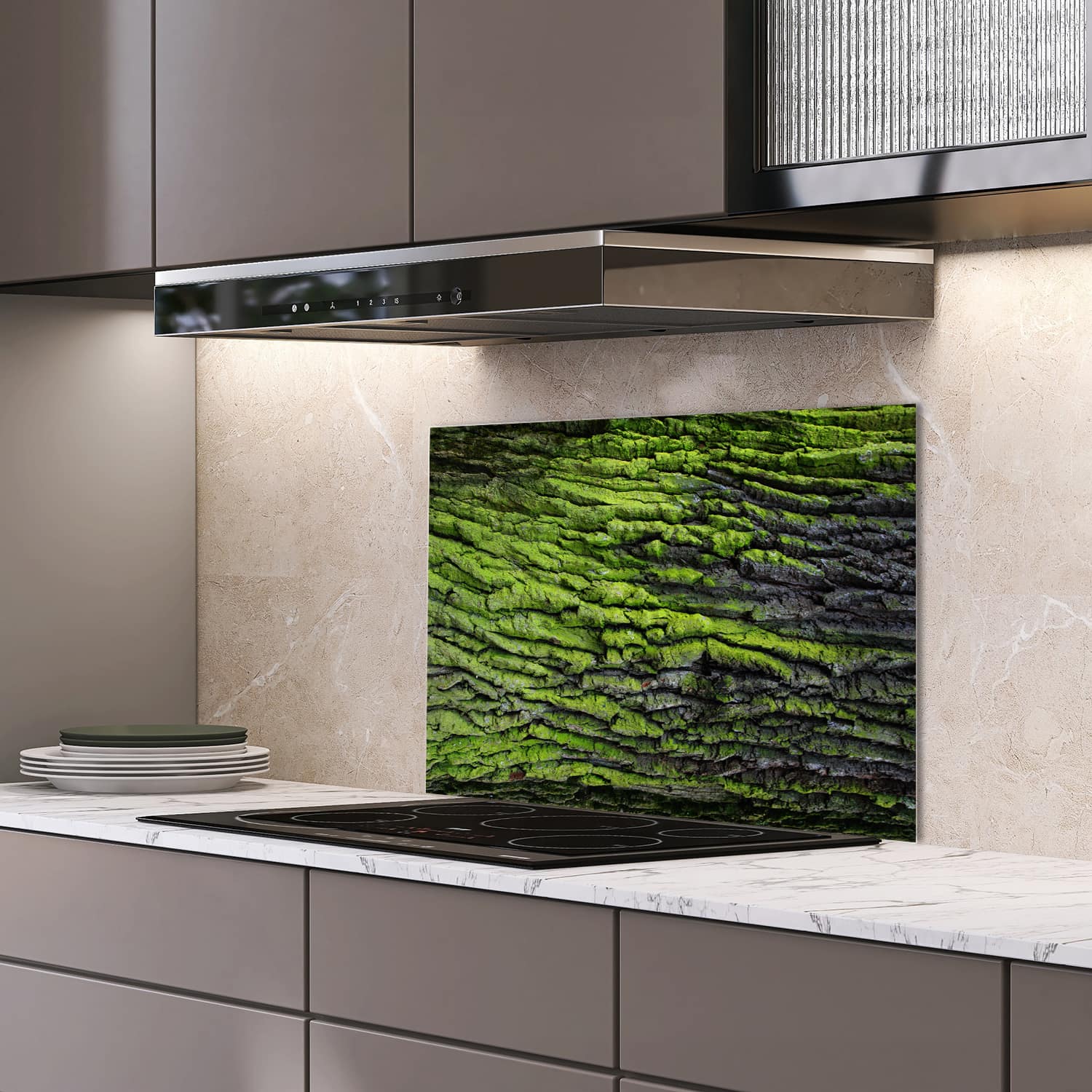 Eigen afmeting spatscherm-op-maat Keuken - Hittebestendig gehard glas - Groene Schors Textuur