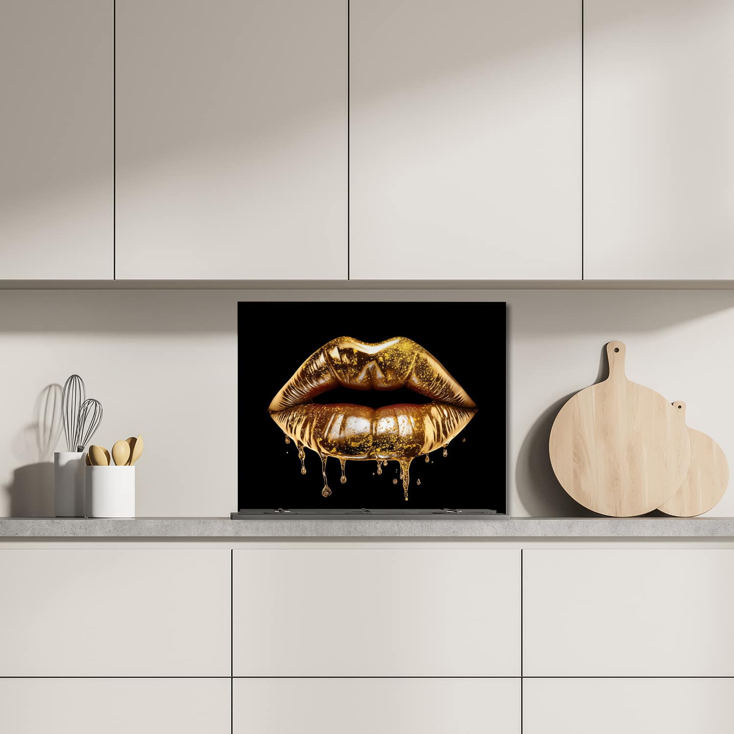 Eigen afmeting spatscherm-op-maat Keuken - Hittebestendig gehard glas - Gouden Druipende Lippen