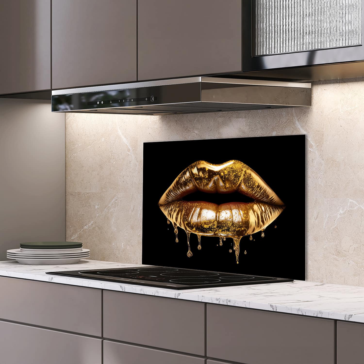 Eigen afmeting spatscherm-op-maat Keuken - Hittebestendig gehard glas - Gouden Druipende Lippen